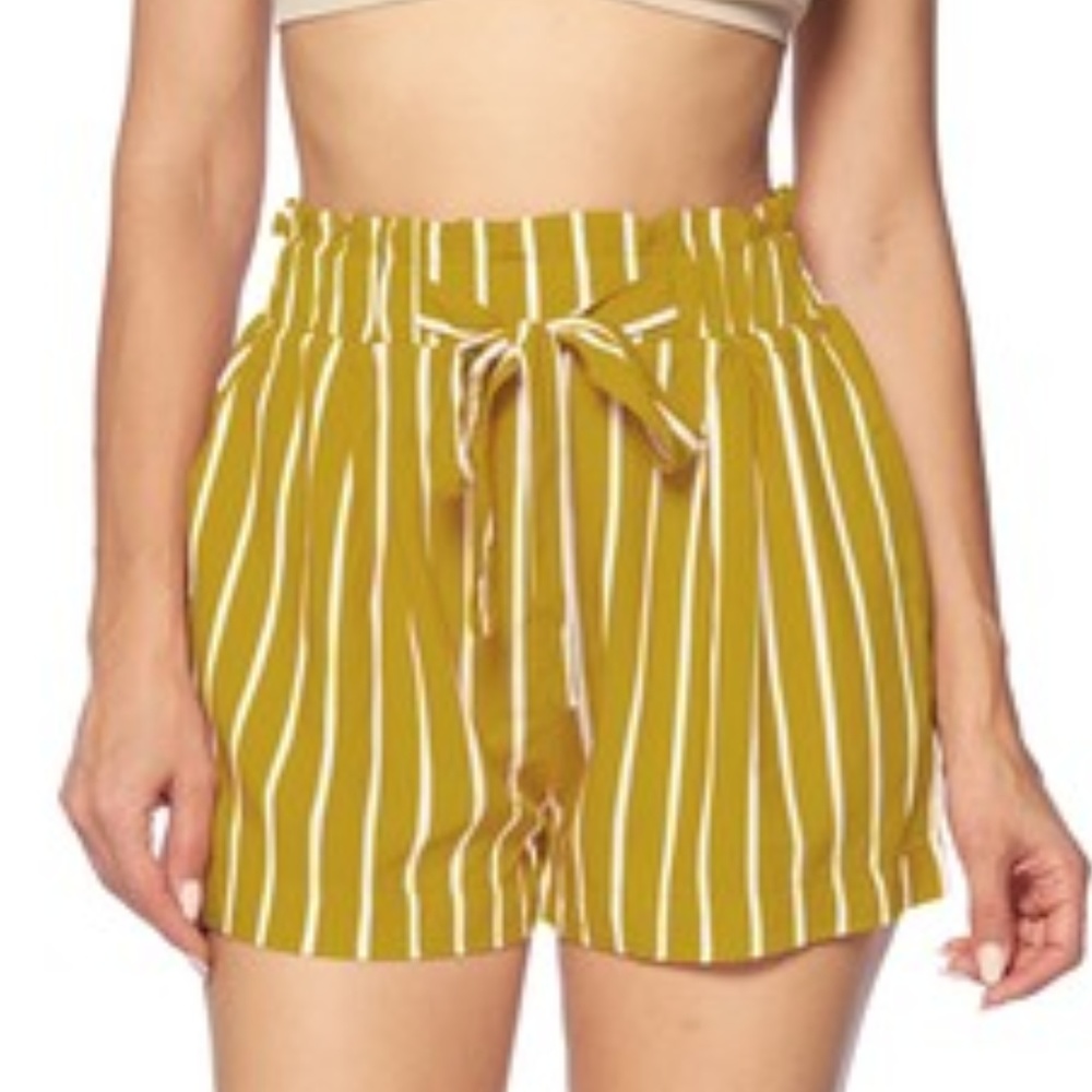STRIPED SHORTS MUSTARD WOMENS LADIES SUMMER SHORTS - Picture 2 of 4